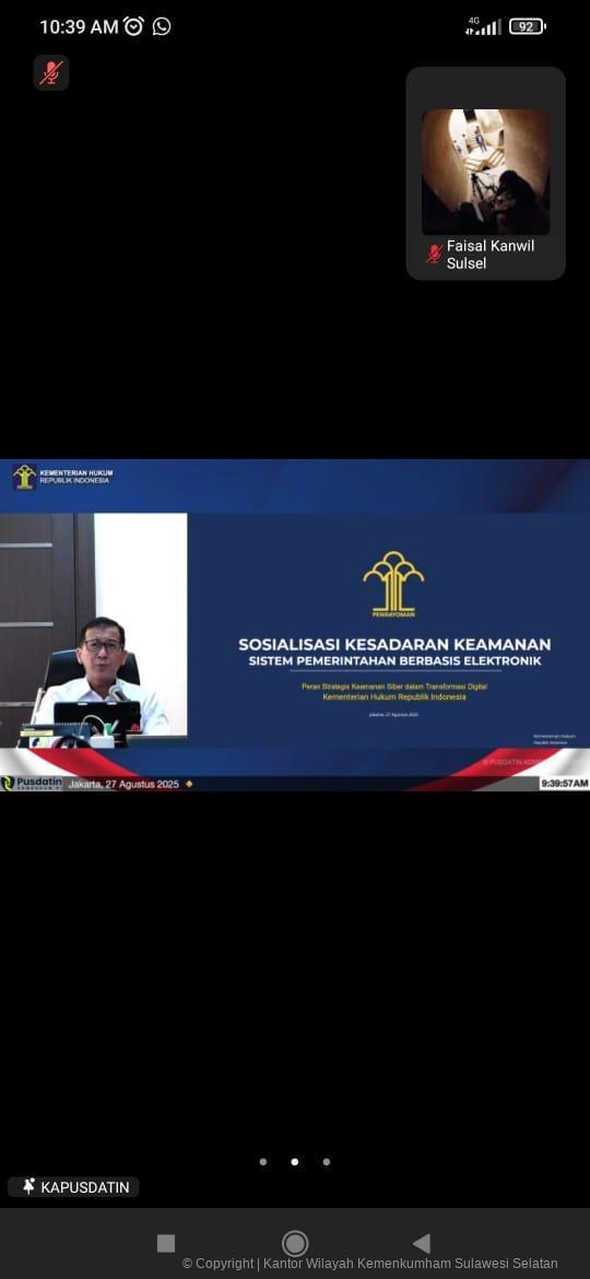 Kanwil Kemenkum Sulsel Ikuti Sosialisasi Kesadaran Keamanan SPBE, Diminta Mawas Diri Terhadap Ancaman Keamanan Siber di Era Transformasi Digital