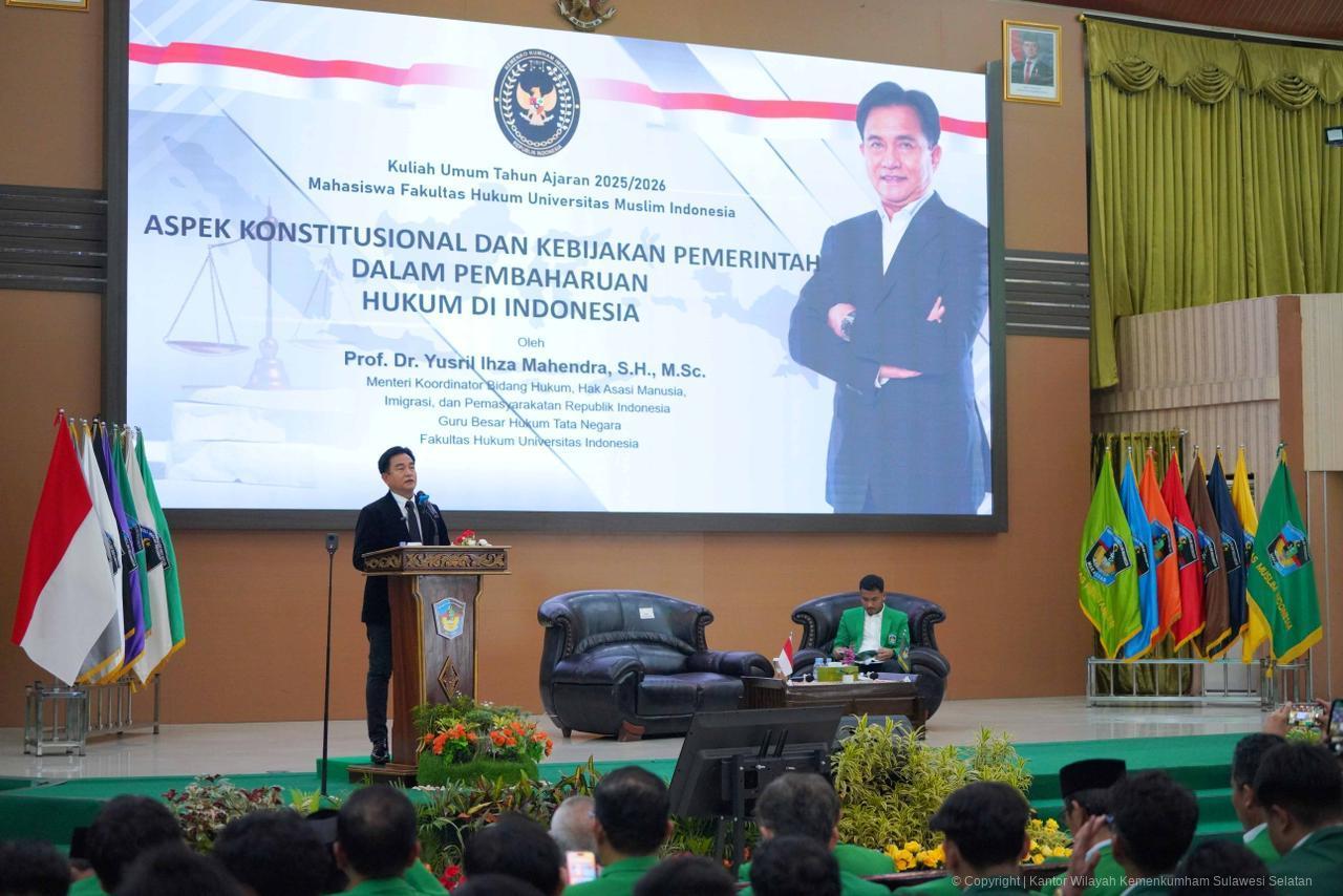 Kuliah Umum di UMI, Menko Kumham Imipas Yusril Tekankan Pentingnya Reformasi Hukum Berbasis Konstitusi